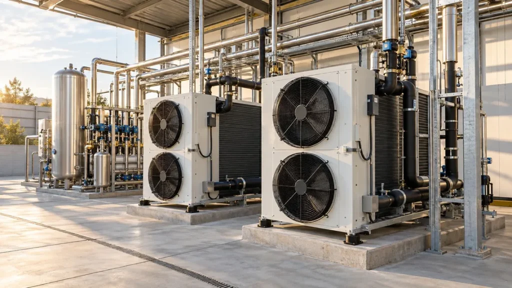 Equipos de refrigeración industrial con ventiladores y tuberías