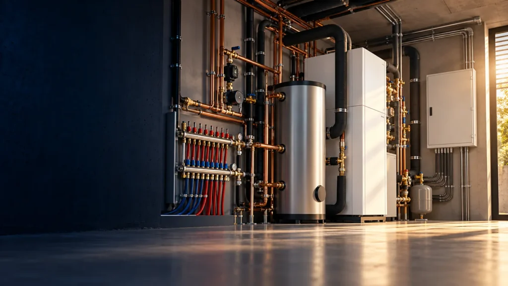 Instalación térmica y eléctrica con acumulador, tuberías y colectores